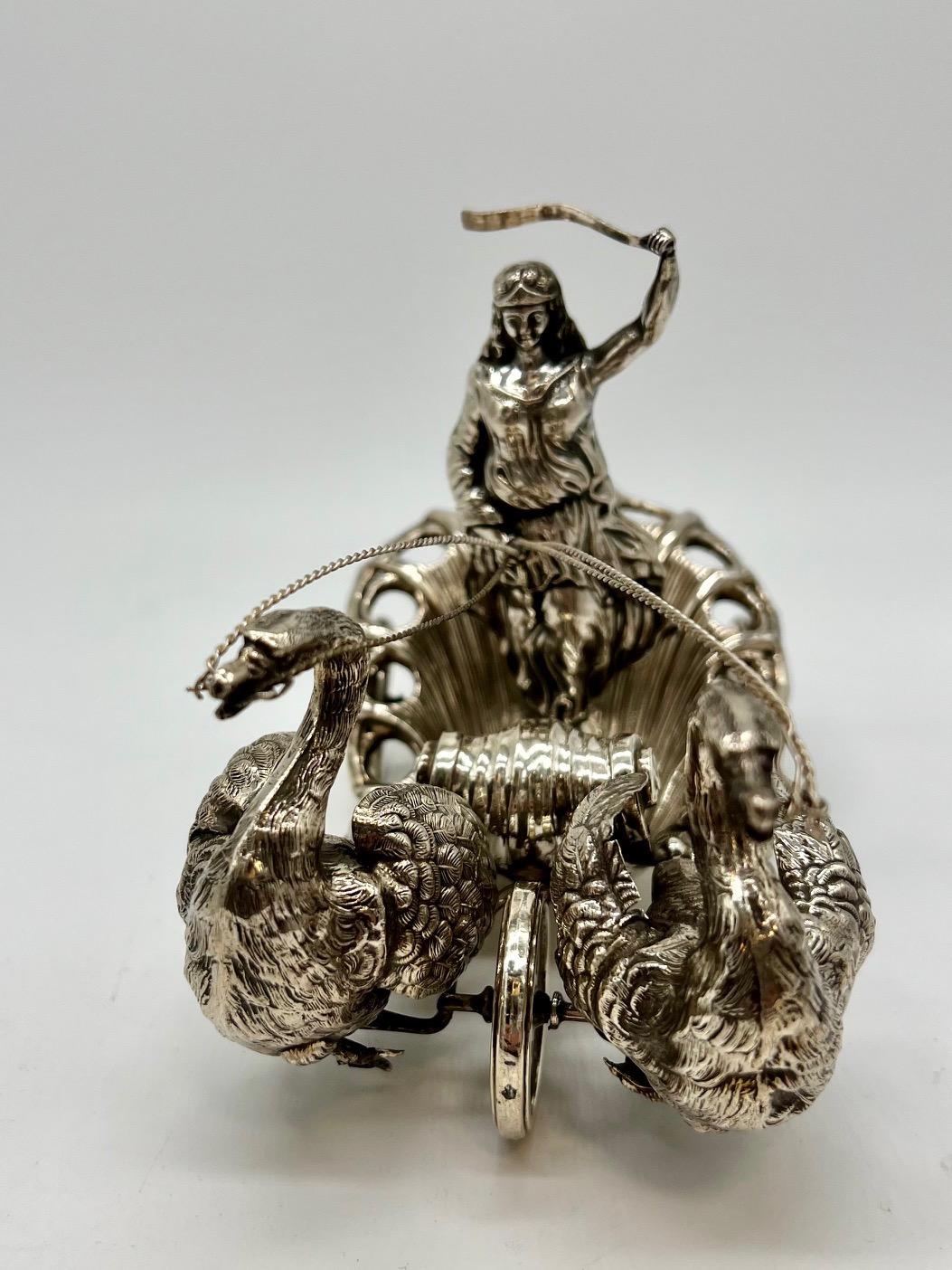 Russian Pair of 20th Century German Silver Swan Drawn Chariot with Robed Driver Stamped For Sale