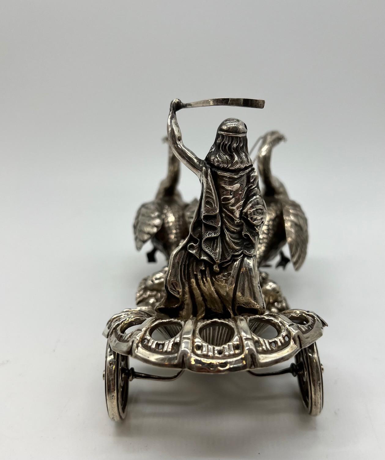 Pair of 20th Century German Silver Swan Drawn Chariot with Robed Driver Stamped In Fair Condition For Sale In North Miami, FL