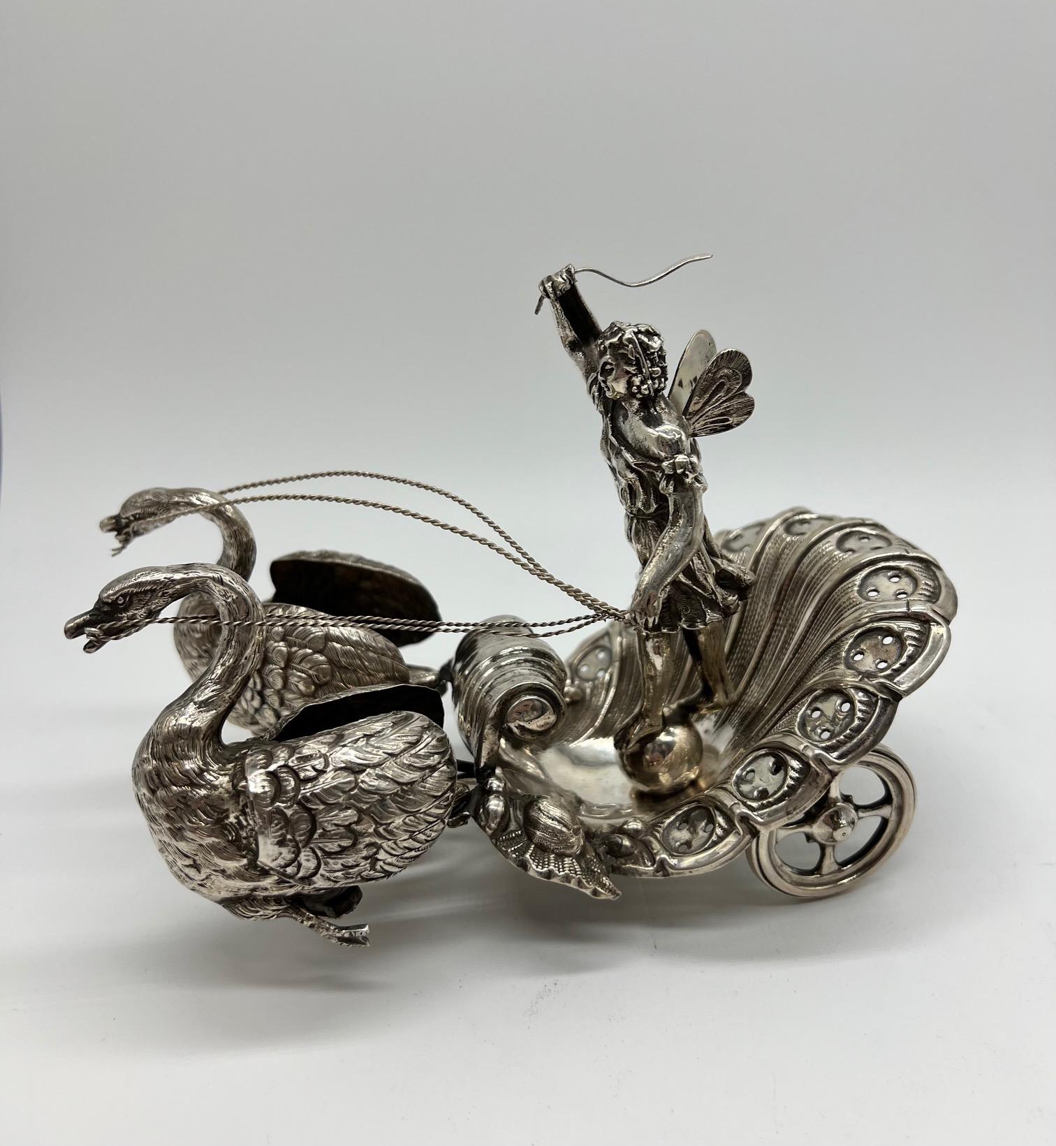 Pair of 20th Century German Silver Swan Drawn Chariot with Robed Driver Stamped For Sale 2