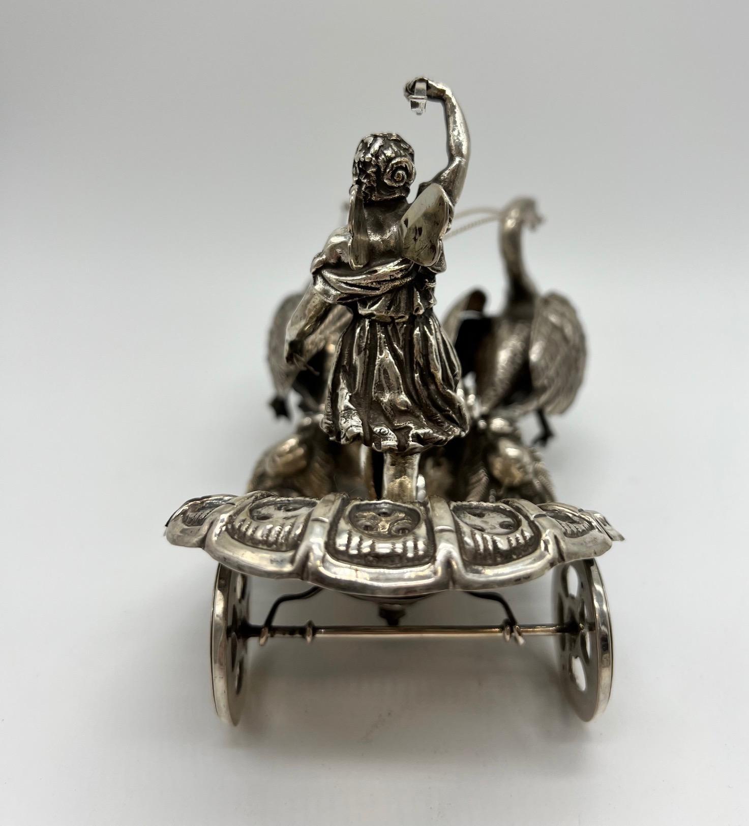 Pair of 20th Century German Silver Swan Drawn Chariot with Robed Driver Stamped For Sale 3