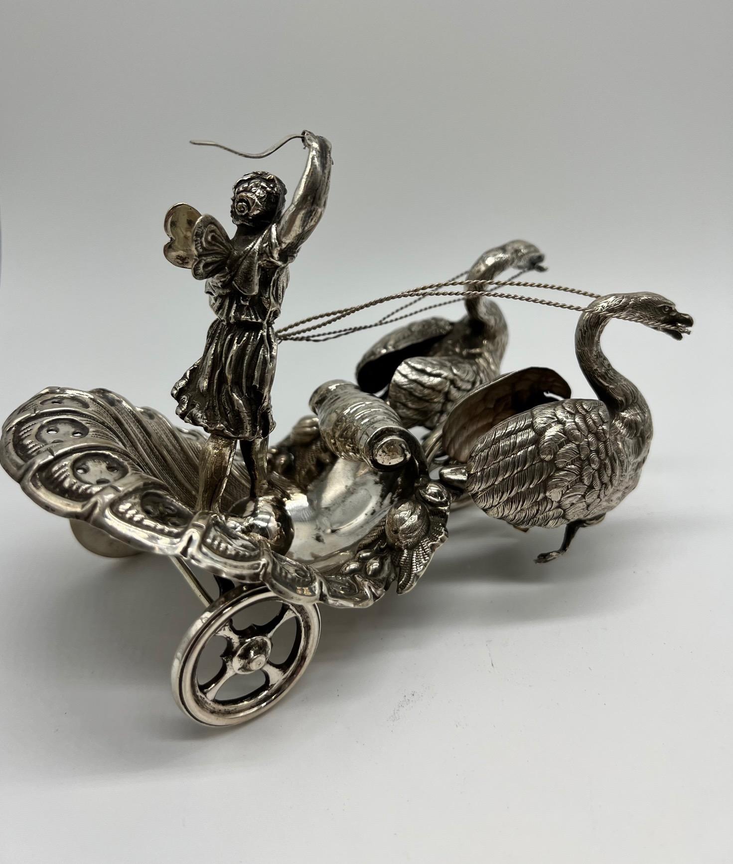 Pair of 20th Century German Silver Swan Drawn Chariot with Robed Driver Stamped For Sale 4