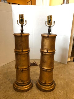 Pair of 20th Century Gilded Faux Bamboo Column Lamps