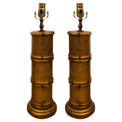 Pair of 20th Century Gilded Faux Bamboo Column Lamps