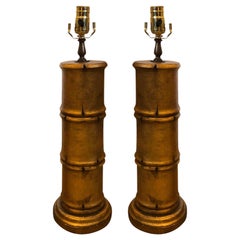 Pair of 20th Century Gilded Faux Bamboo Column Lamps