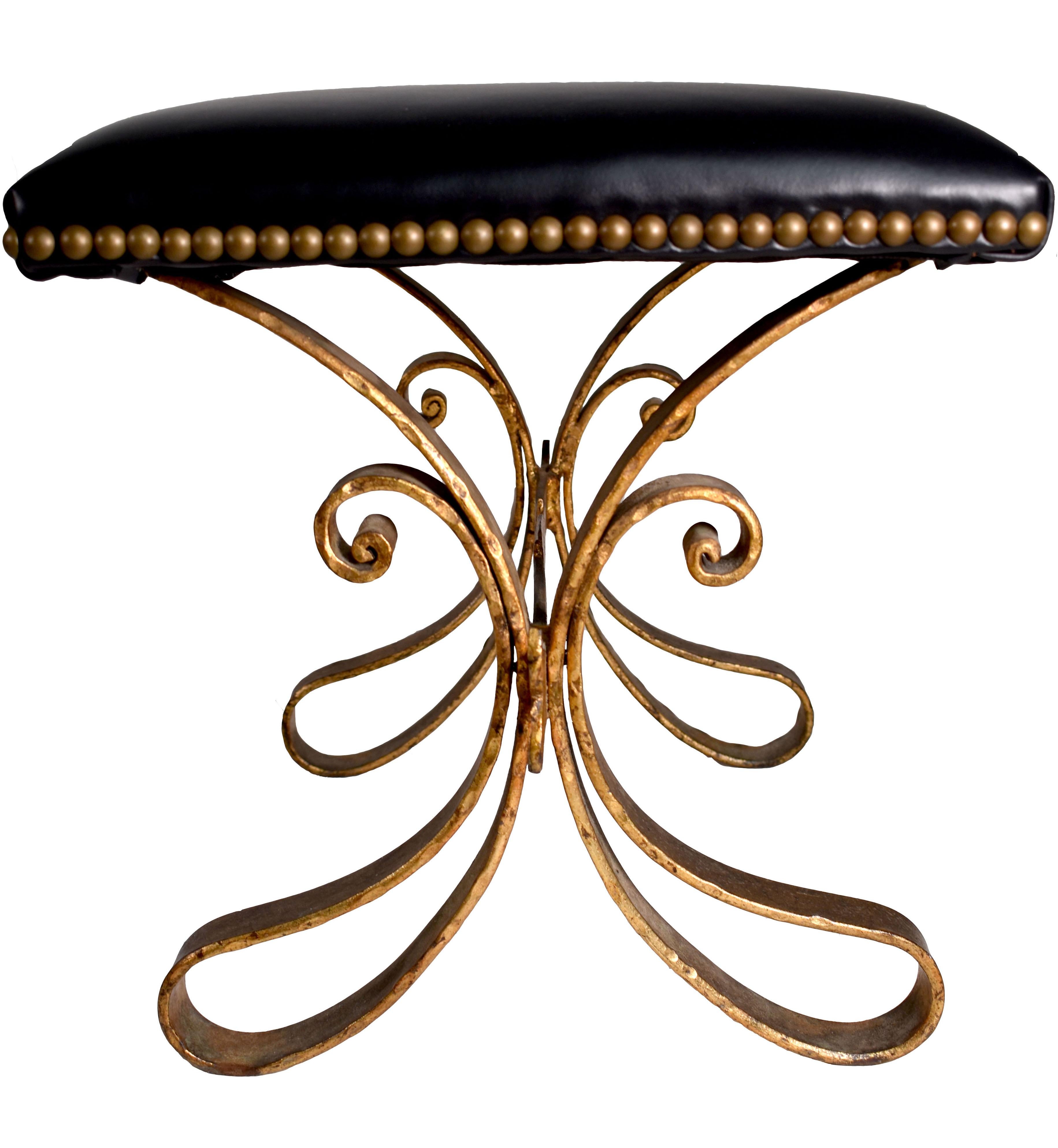 French Pair of Vintage Gilded Iron Upholstered Stools