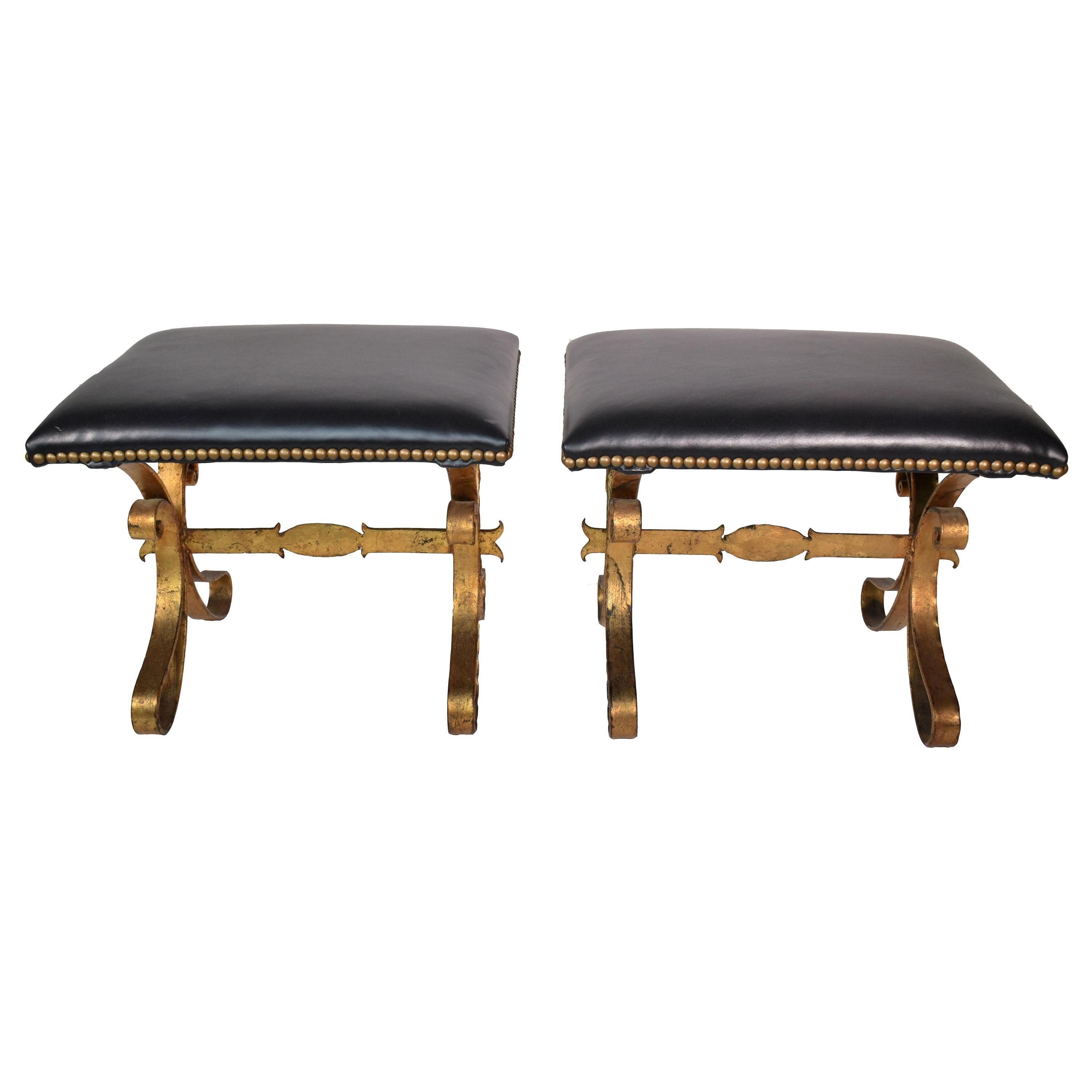 Pair of Vintage Gilded Iron Upholstered Stools