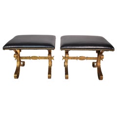 Pair of Vintage Gilded Iron Upholstered Stools
