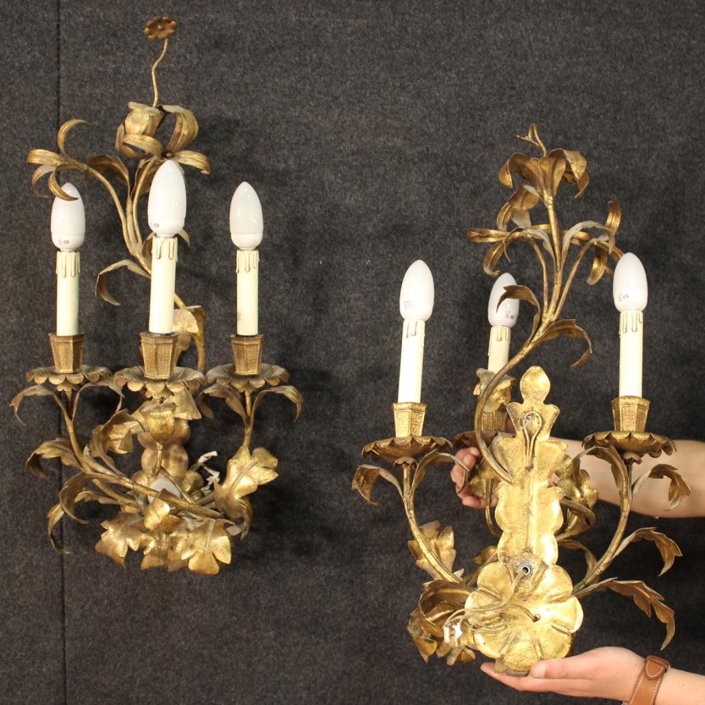 Pair of 20th Century Gilded Metal Italian Wall Lights, 1960 For Sale 7