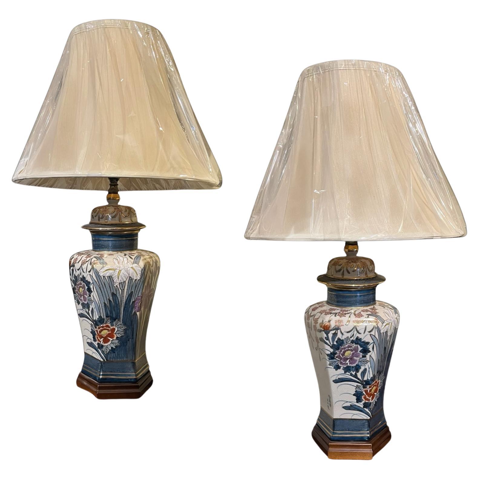 Pair of 20th Century Gilt Hand Painted Oriental Crackleware Lamps