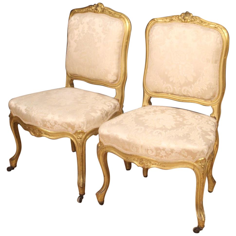 Pair of 20th Century Giltwood and Fabric French Louis XV Style Chairs, 1920