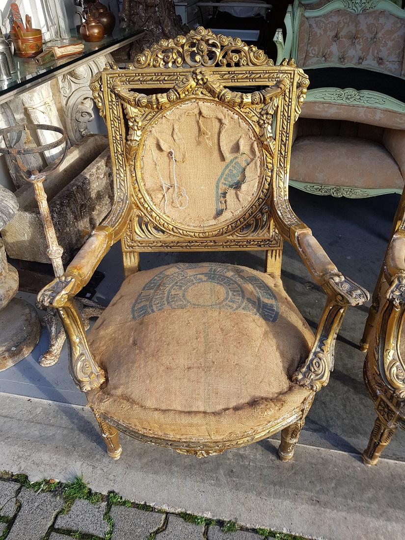 Unknown Pair of 20th Century Gilt Wooden Armchairs in Louis XVI Style For Sale