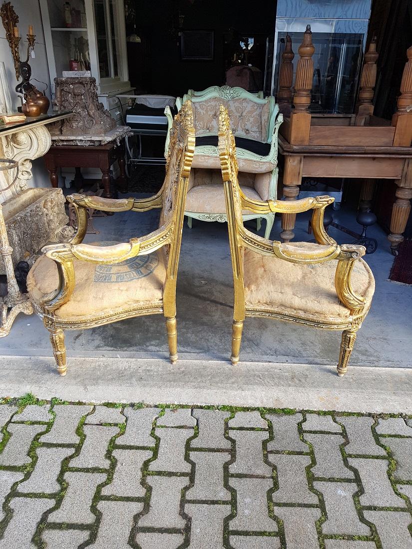 Pair of 20th Century Gilt Wooden Armchairs in Louis XVI Style For Sale 3