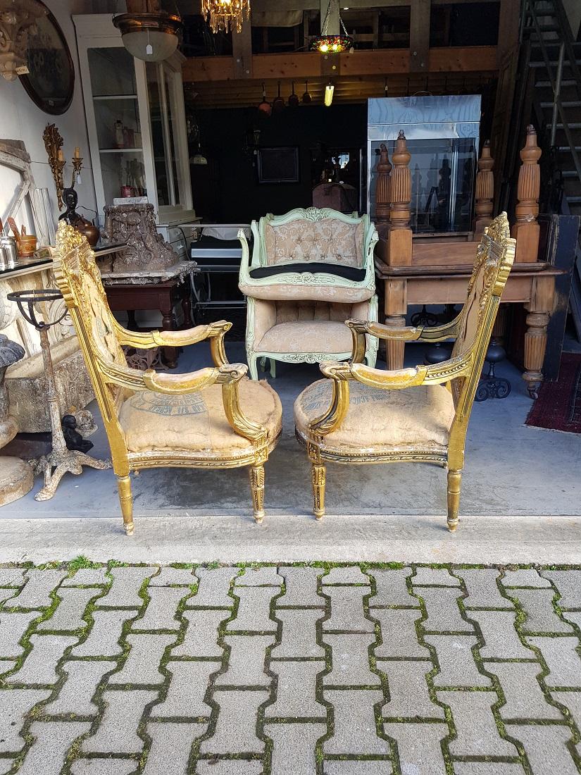 Pair of 20th Century Gilt Wooden Armchairs in Louis XVI Style For Sale 4