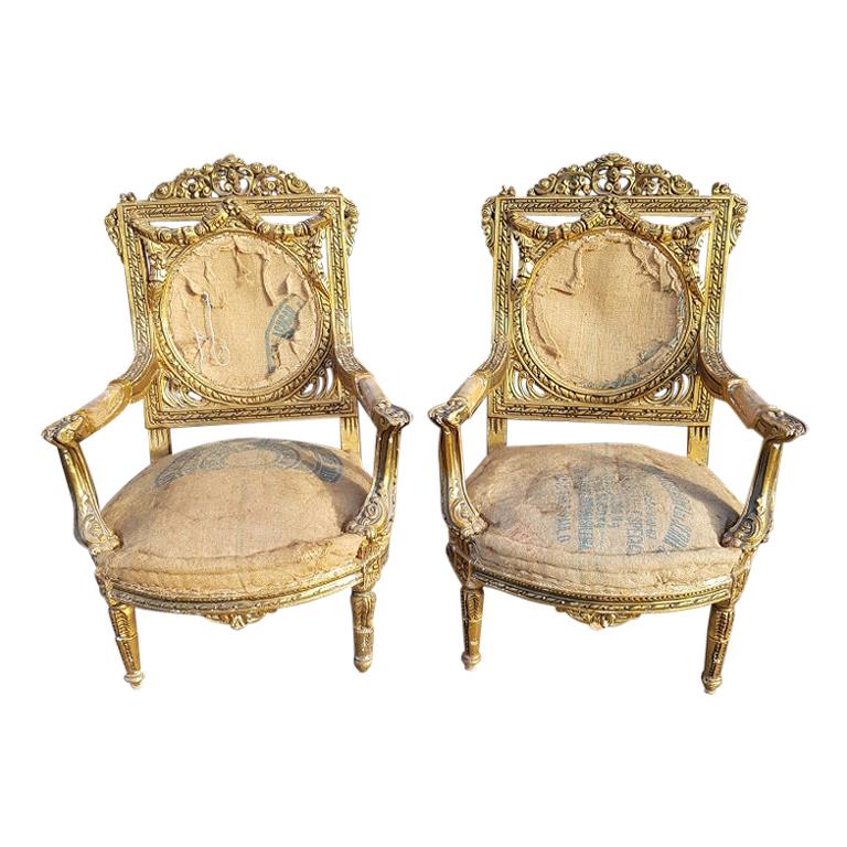 Pair of 20th Century Gilt Wooden Armchairs in Louis XVI Style For Sale