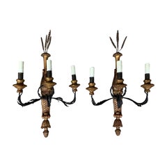 Pair of 20th Century Giltwood and Iron Three-Arm Sconces with Swans