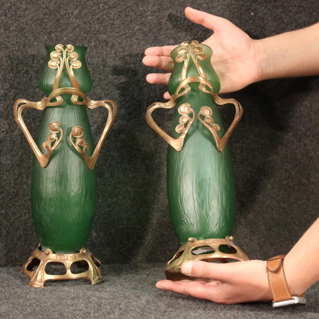 Pair of 20th Century Glass and Metal French Art Nouveau Style Vases, 1950 For Sale 6