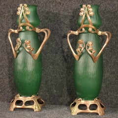 Pair of 20th Century Glass and Metal French Art Nouveau Style Vases, 1950