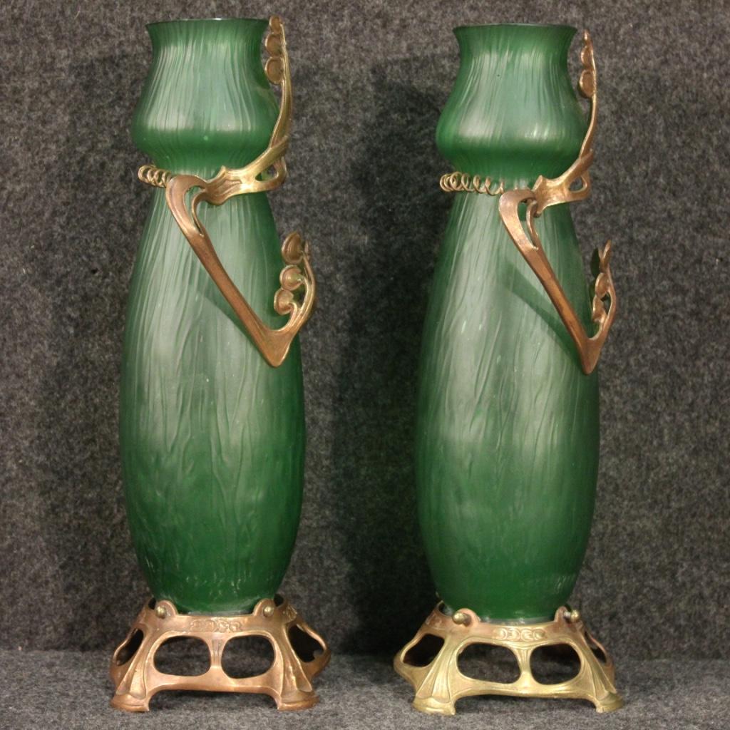 Pair of 20th Century Glass and Metal French Art Nouveau Style Vases, 1950 For Sale 1