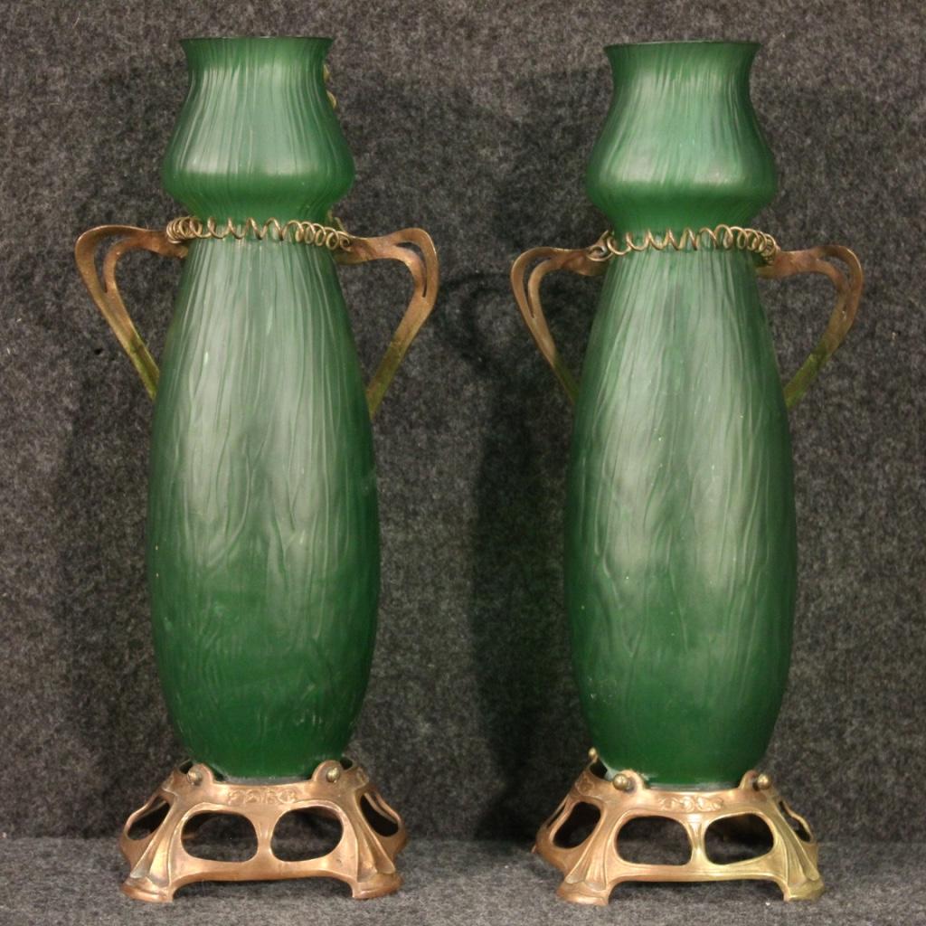 Pair of 20th Century Glass and Metal French Art Nouveau Style Vases, 1950 For Sale 2