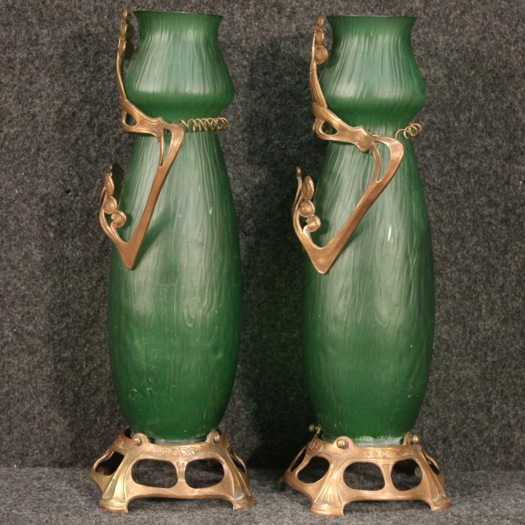 Pair of 20th Century Glass and Metal French Art Nouveau Style Vases, 1950 For Sale 3