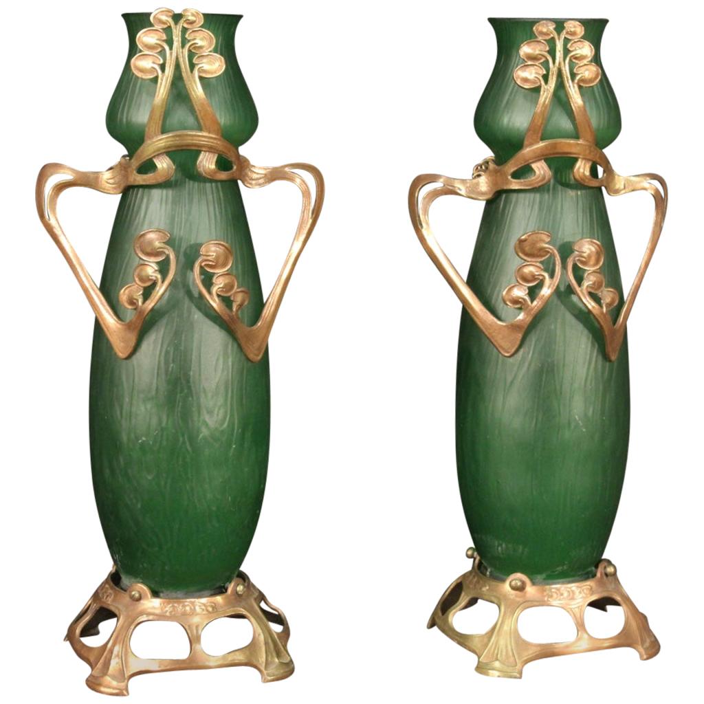 Pair of 20th Century Glass and Metal French Art Nouveau Style Vases, 1950 For Sale