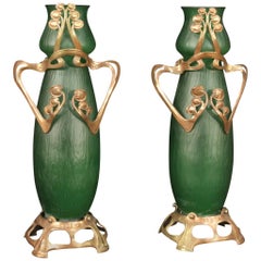 Retro Pair of 20th Century Glass and Metal French Art Nouveau Style Vases, 1950