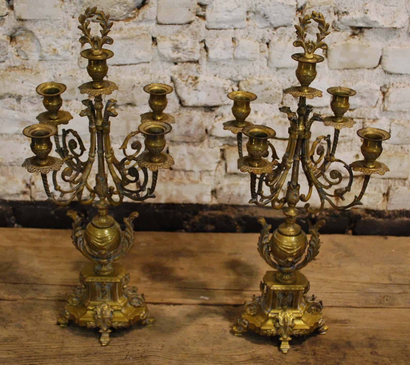 Louis XVI Pair of 20th Century Gold Brass French Candelabras Candlesticks