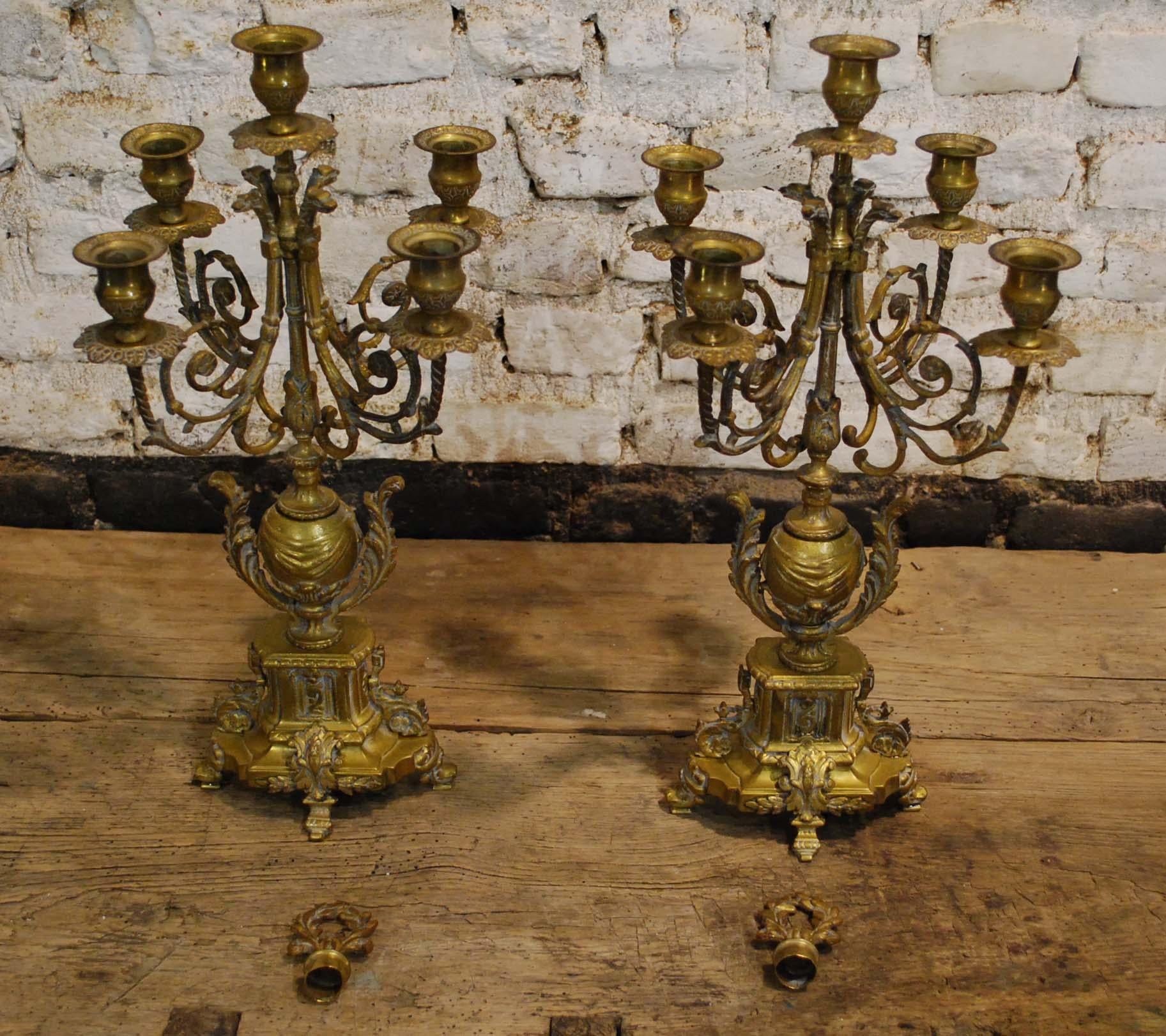 Cast Pair of 20th Century Gold Brass French Candelabras Candlesticks
