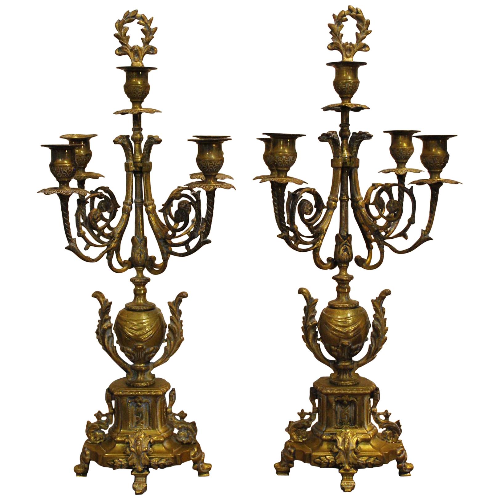 Pair of 20th Century Gold Brass French Candelabras Candlesticks
