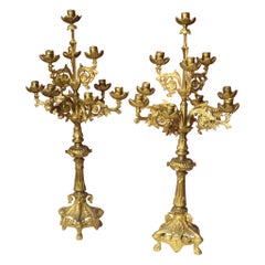 Pair of 20th Century Gold Brass Italian Candelabra Candlesticks, 1950