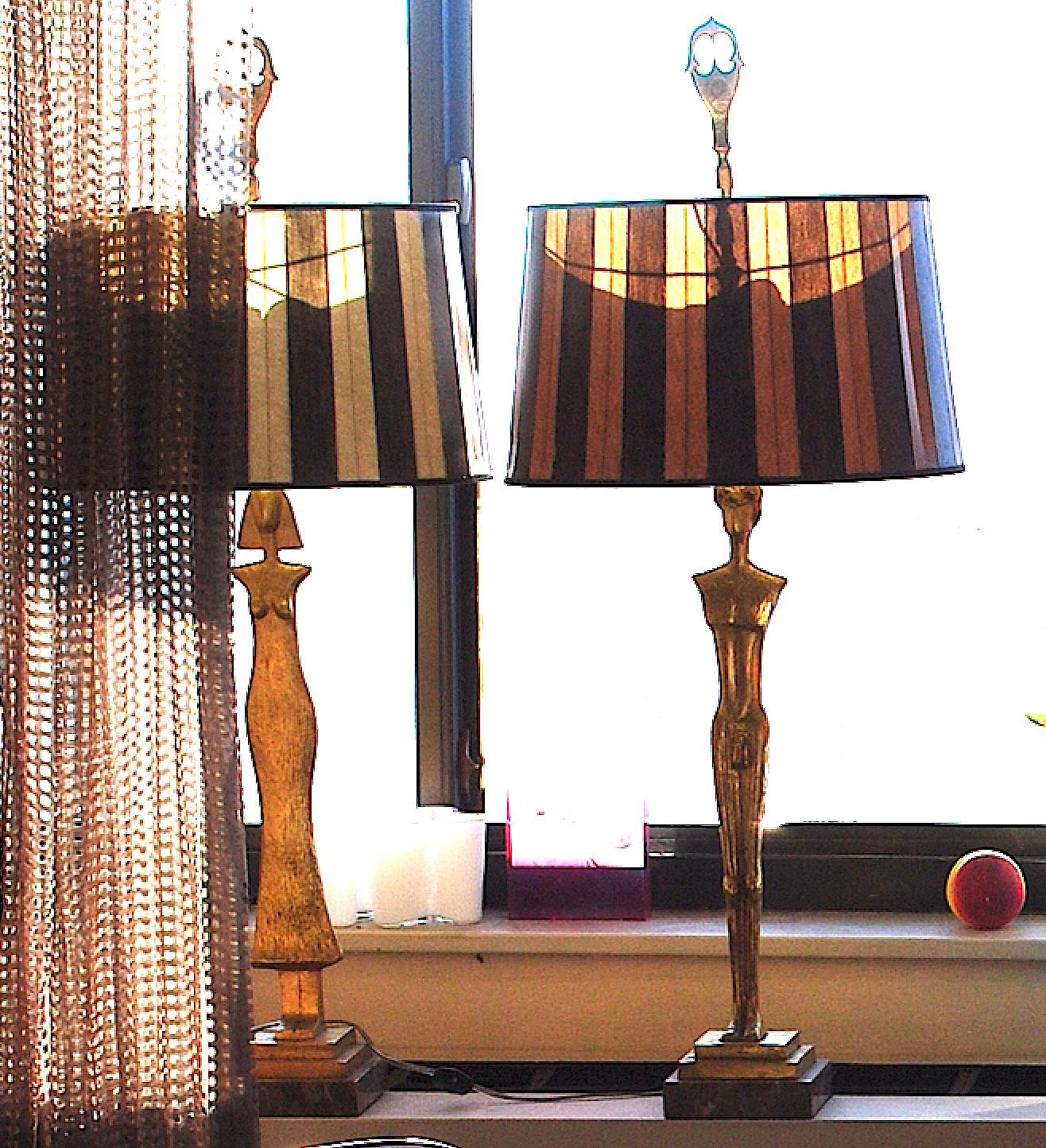 International Style Pair of 20th Century Gold Leaf Bronze Table Lamps in the Style of Giacometti