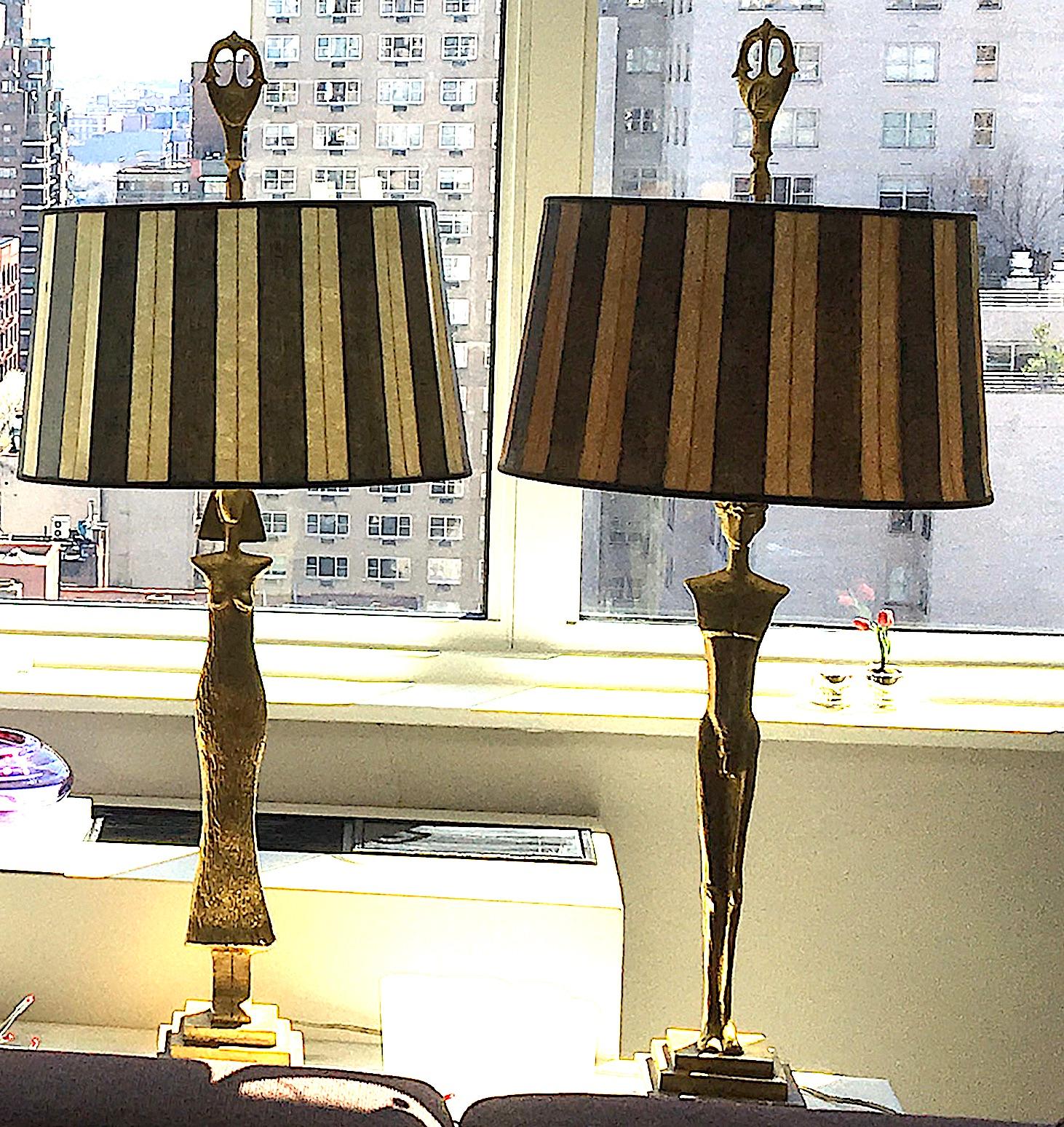 American Pair of 20th Century Gold Leaf Bronze Table Lamps in the Style of Giacometti
