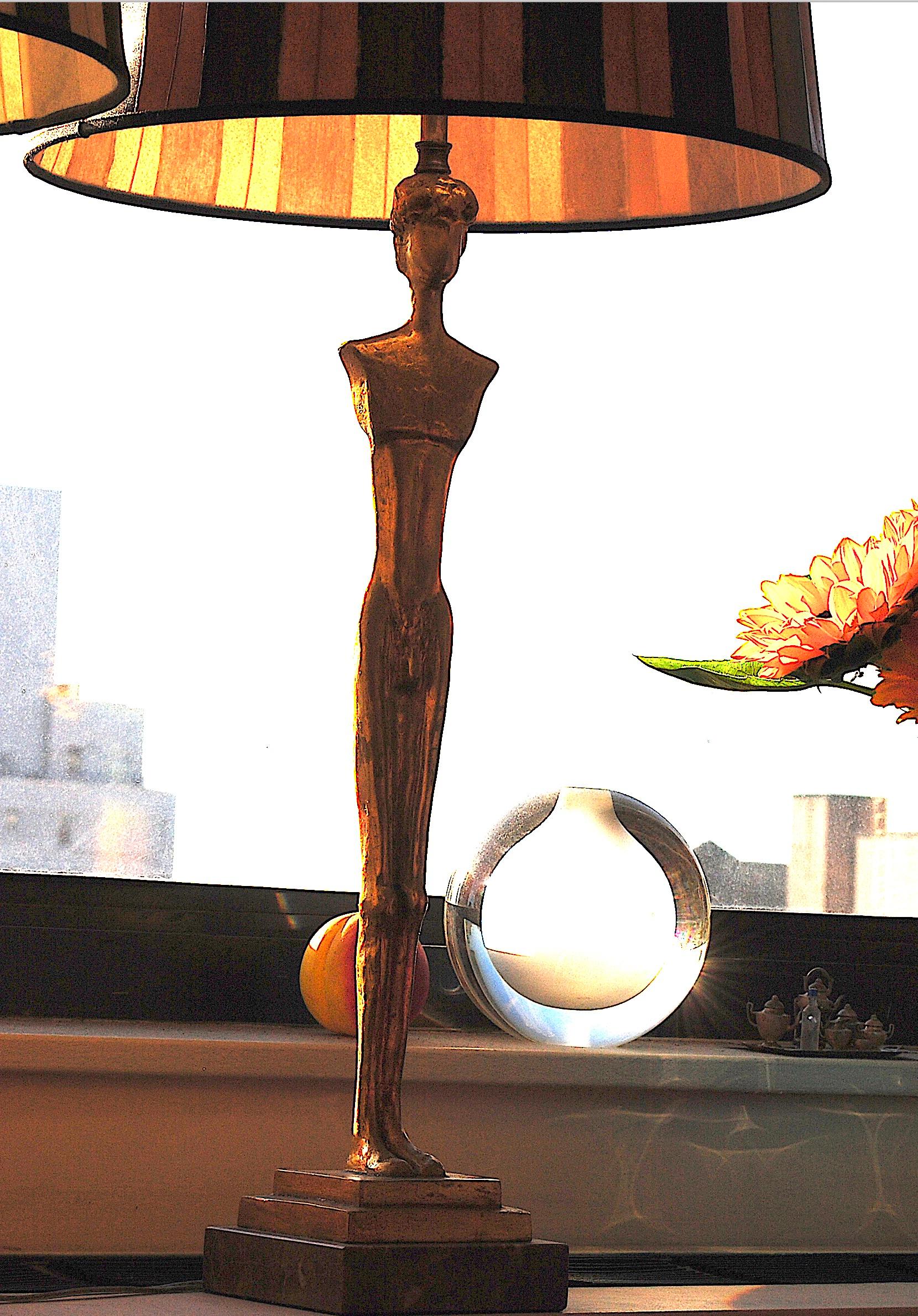 Pair of 20th Century Gold Leaf Bronze Table Lamps in the Style of Giacometti In Excellent Condition In Los Angeles, CA
