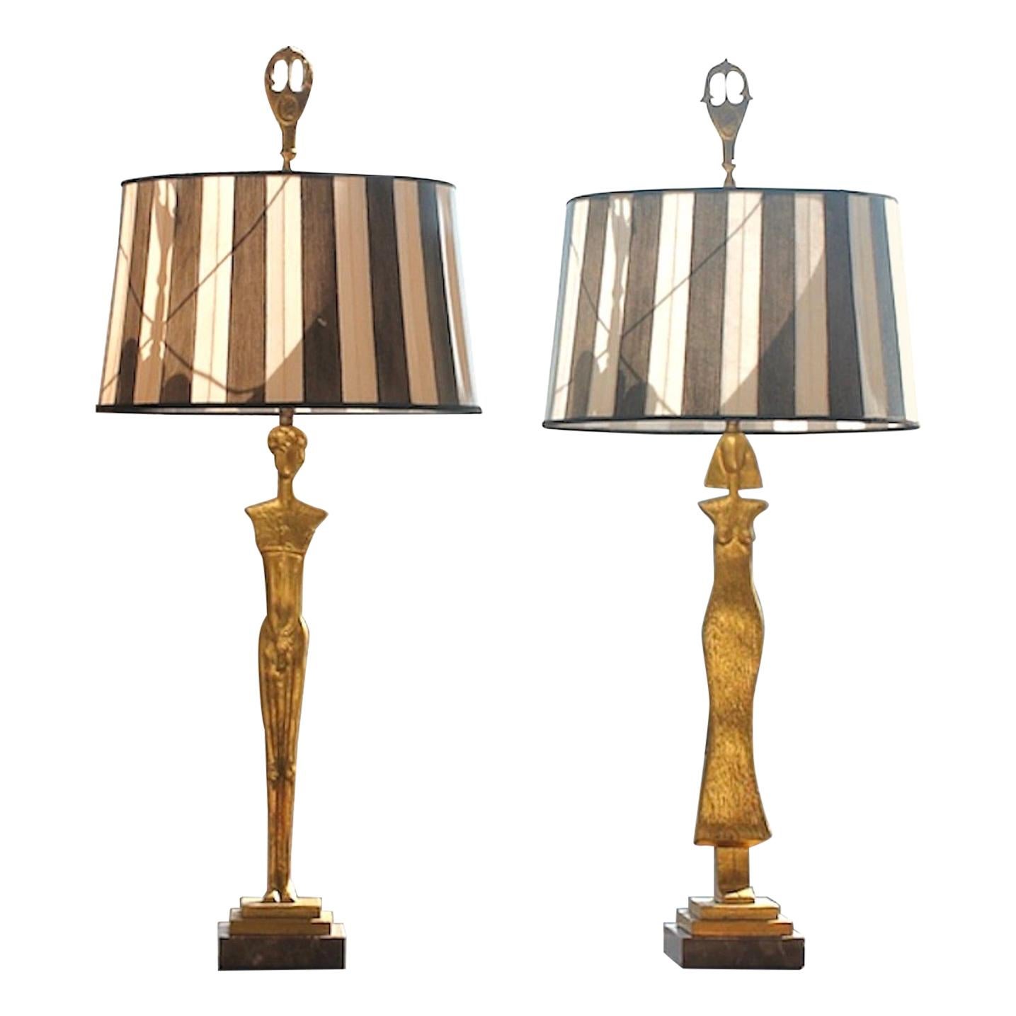 Pair of 20th Century Gold Leaf Bronze Table Lamps in the Style of Giacometti