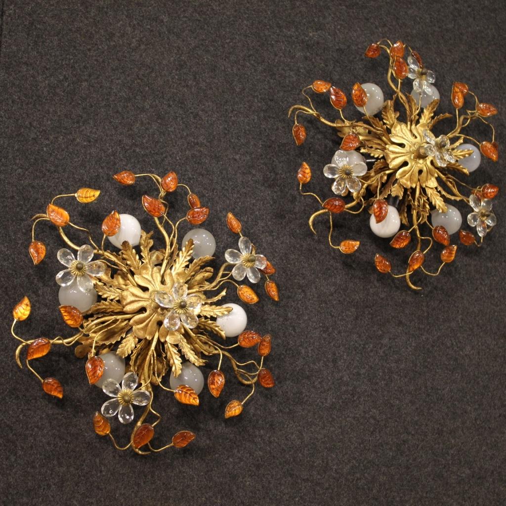 Pair of 20th Century Gold Metal and Colored Glass French Wall Lamps, 1970 For Sale 8
