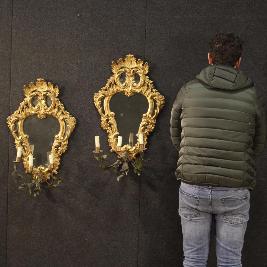 Pair of 20th Century Gold Wood and Bronze Venetian Mirrors Wall Lights, 1950 6