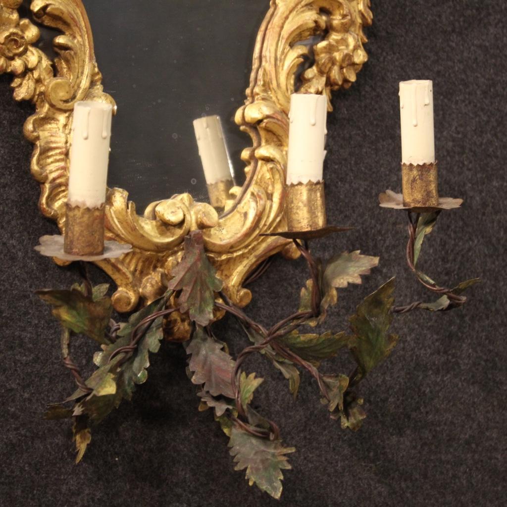 Gilt Pair of 20th Century Gold Wood and Bronze Venetian Mirrors Wall Lights, 1950