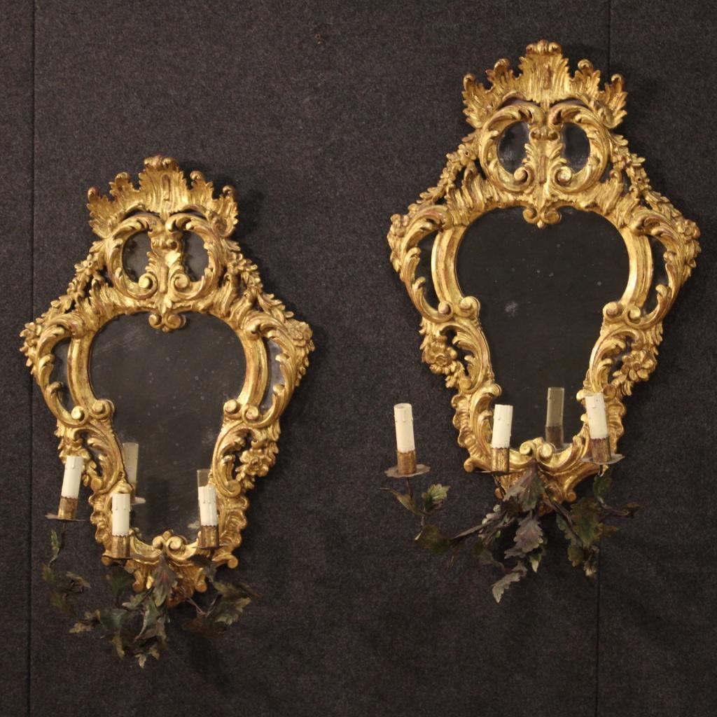 Pair of 20th Century Gold Wood and Bronze Venetian Mirrors Wall Lights, 1950 3