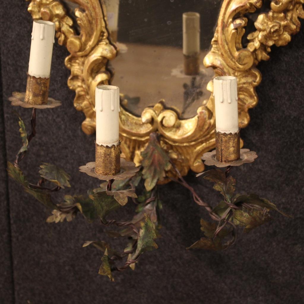 Pair of 20th Century Gold Wood and Bronze Venetian Mirrors Wall Lights, 1950 4