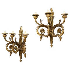 Pair of 20th Century Golden and Chiseled Bronze Louis XVI Style Wall Lamps, 1950