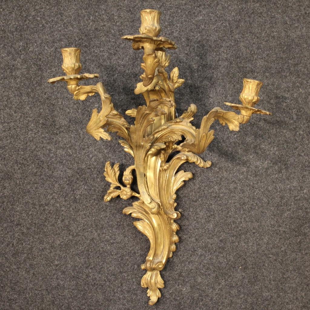 Pair of 20th Century Golden Bronze French Wall Lights, 1950 In Good Condition For Sale In Vicoforte, Piedmont