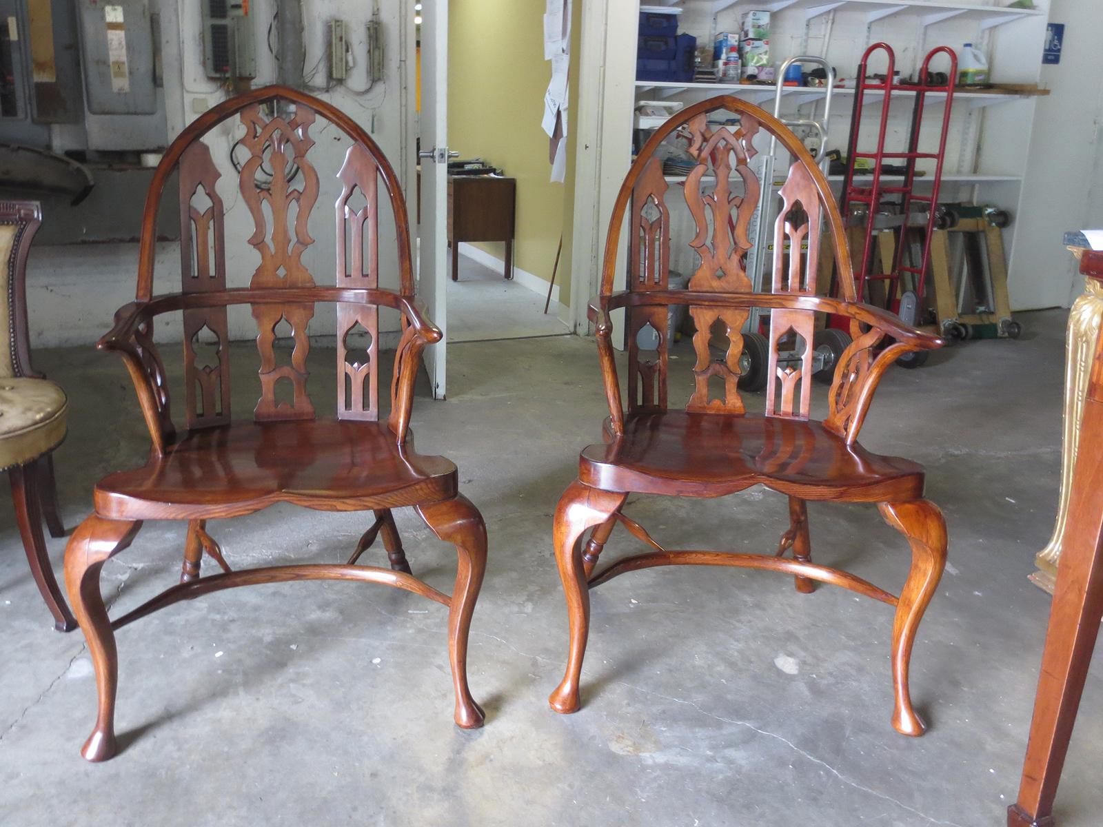 Pair of 20th Century Gothic Style Windsor Armchairs 11
