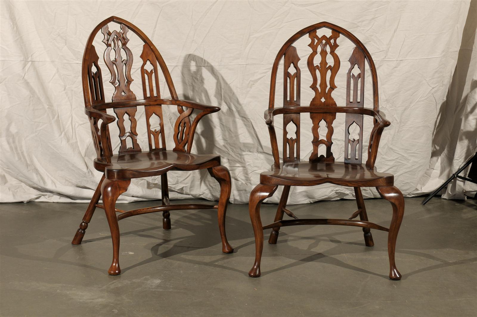 Pair of 20th Century Gothic Style Windsor Armchairs In Good Condition In Atlanta, GA