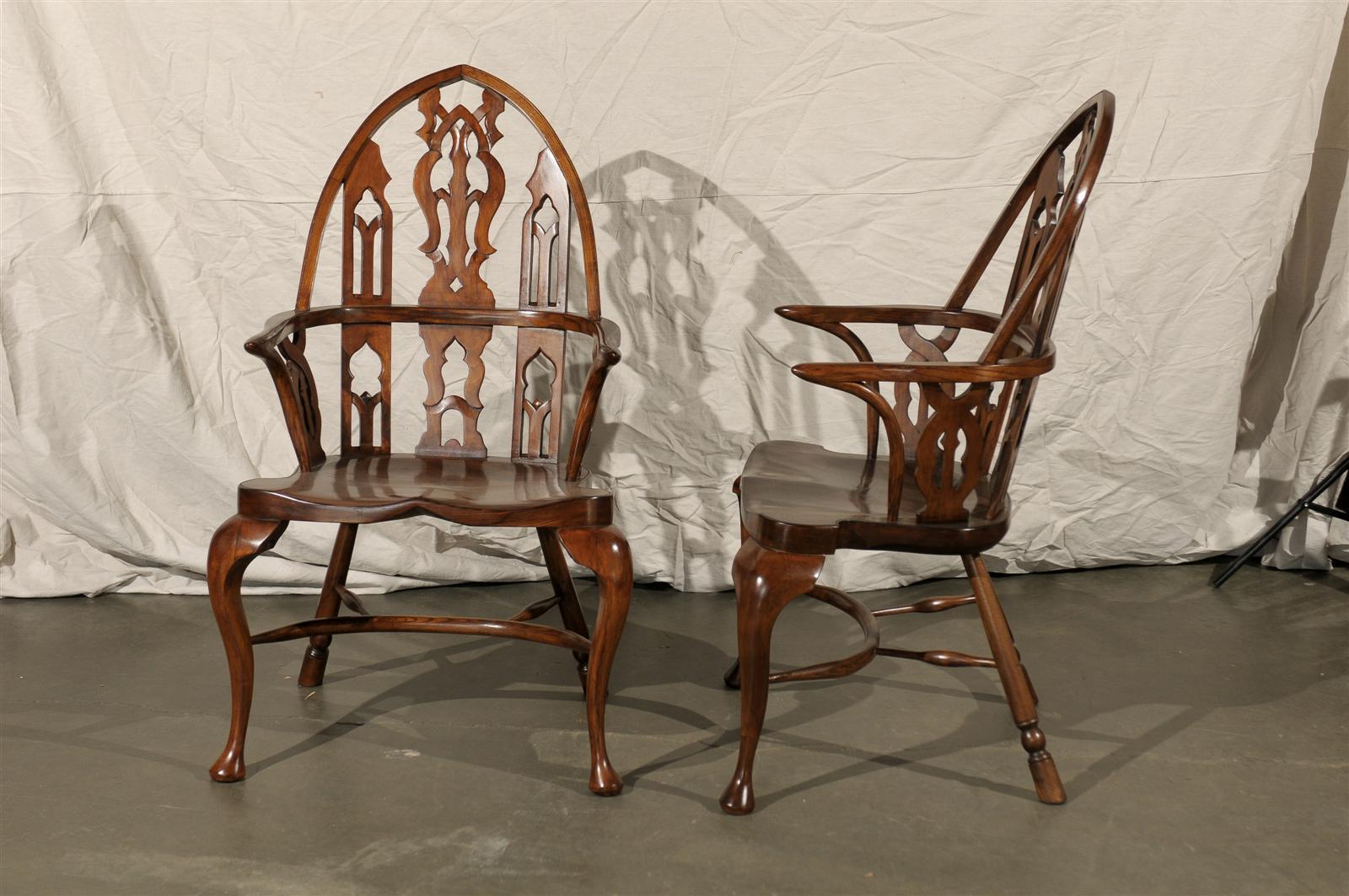 Pair of 20th Century Gothic Style Windsor Armchairs 1