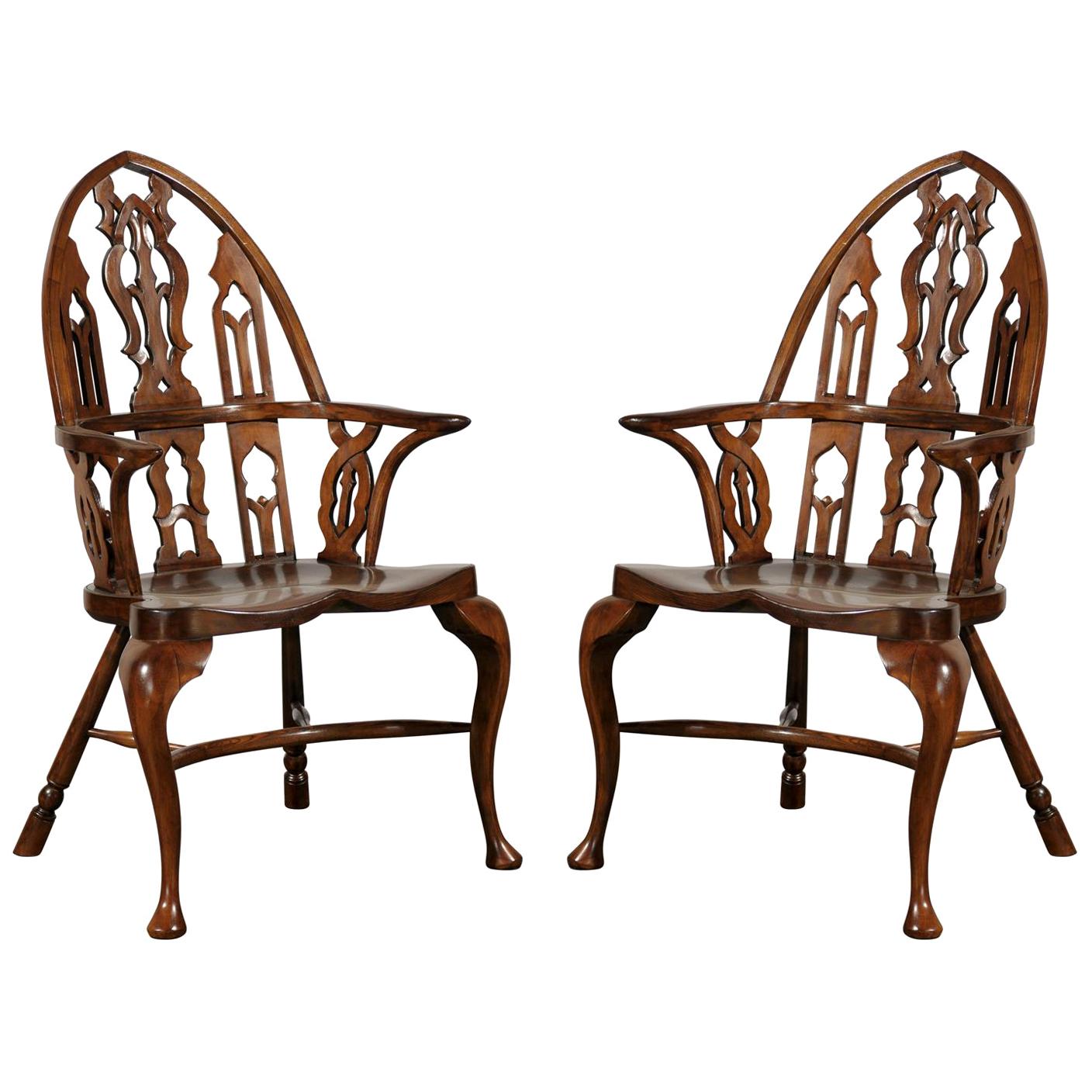 Pair of 20th Century Gothic Style Windsor Armchairs