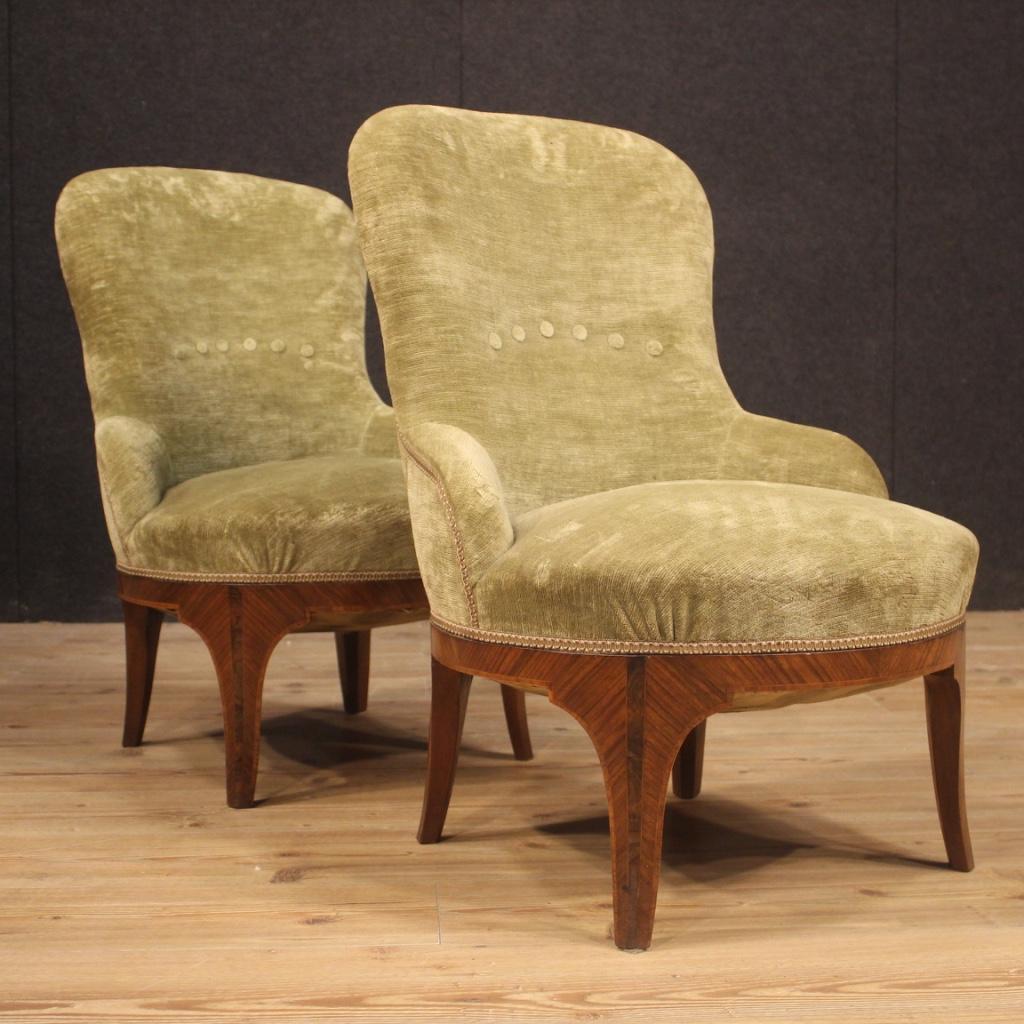 Pair of 20th Century Green Velvet and Wood Italian Louis XV Style Armchairs 1950 5