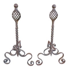 Pair of 20th Century Hand Forged Iron Andirons