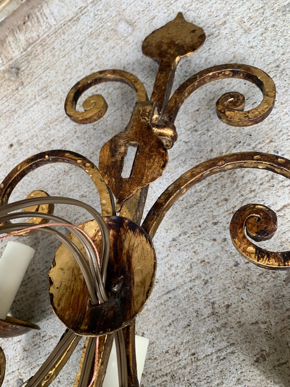 Pair of 20th Century Hand-Hammered Gilt Iron Three-Light Sconces For Sale 7