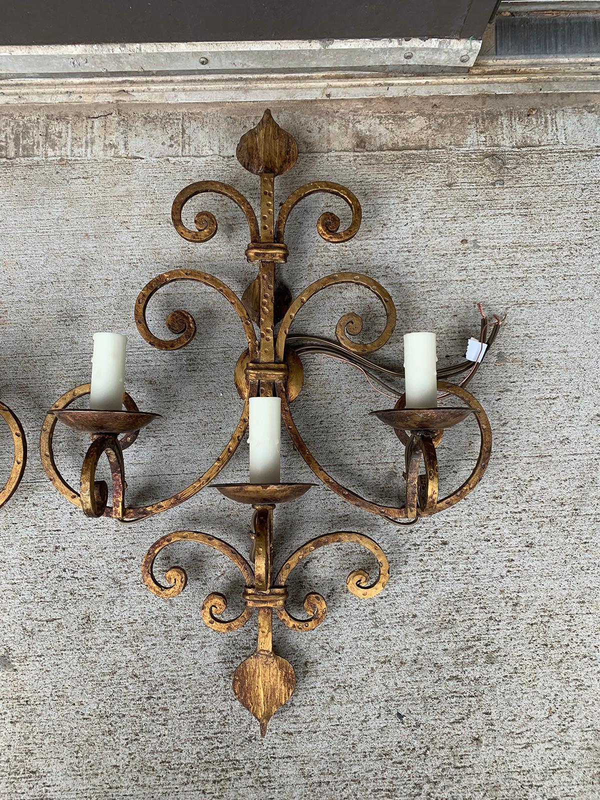 Pair of 20th Century Hand-Hammered Gilt Iron Three-Light Sconces For Sale 8