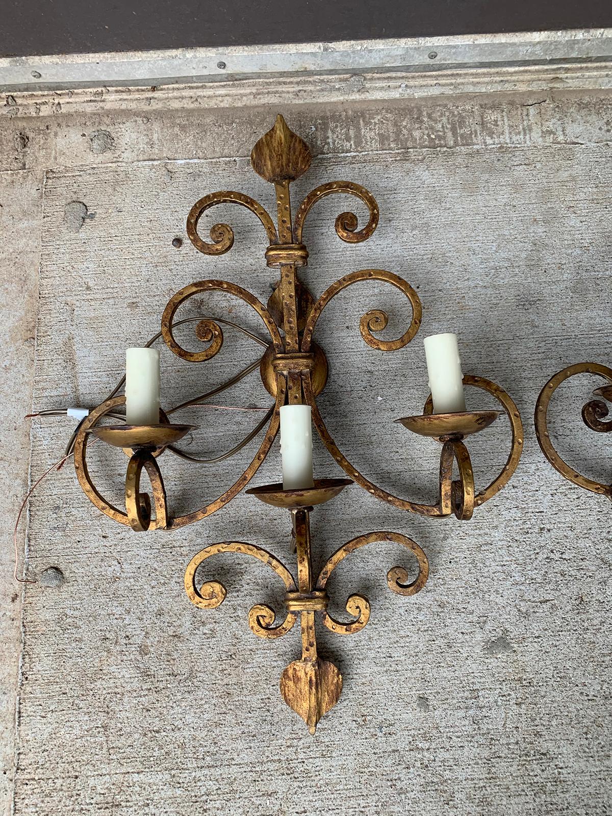 Pair of 20th Century Hand-Hammered Gilt Iron Three-Light Sconces For Sale 9